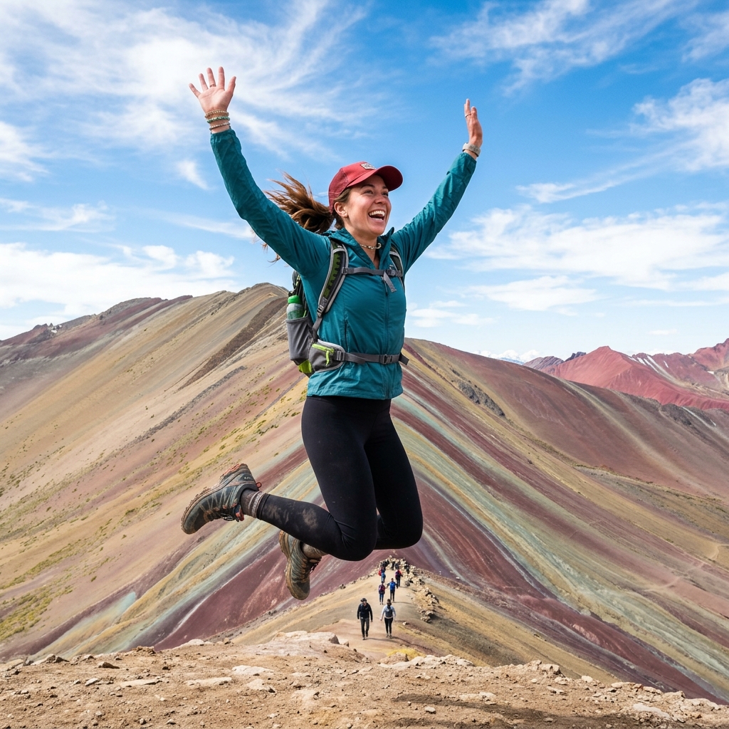 Viajero feliz saltando en la Montaña de 7 Colores