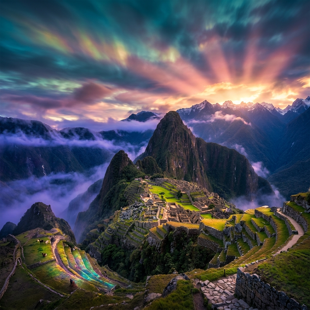 Machu Picchu al amanecer dorado místico